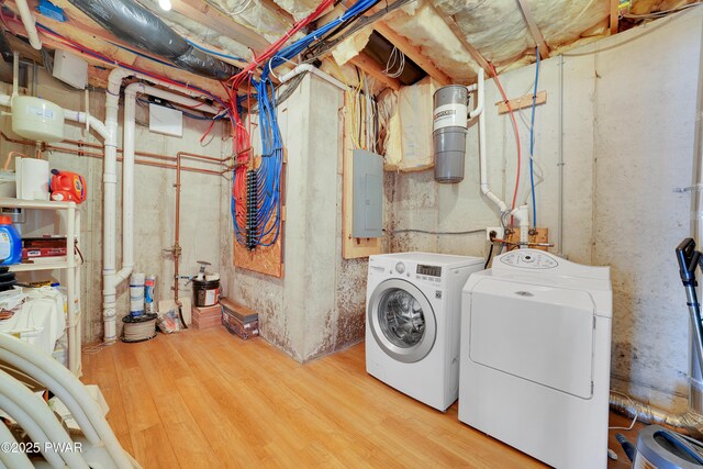 129 Lakewood Dr, Dingmans Ferry, PA 18328 - laundry room with electric panel, independent washer and dryer, and wood finished floors