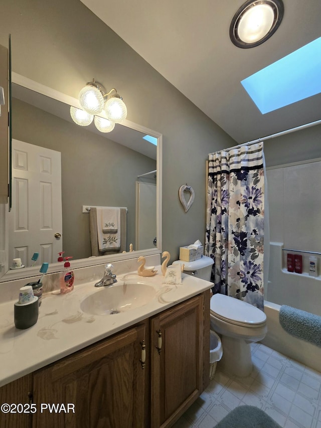 127 Maxatawny Dr, Pocono Lake, PA 18347 - bathroom with a skylight, vanity, vaulted ceiling, and shower / bath combo with shower curtain