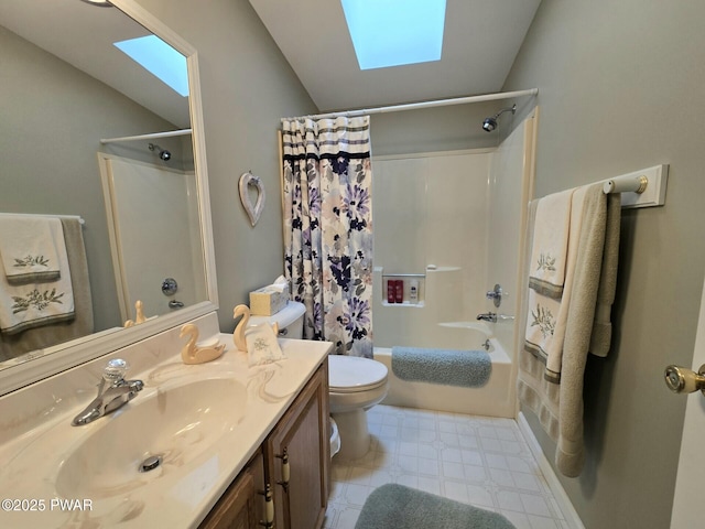 127 Maxatawny Dr, Pocono Lake, PA 18347 - full bathroom with a skylight, lofted ceiling, vanity, and shower / bath combination with curtain