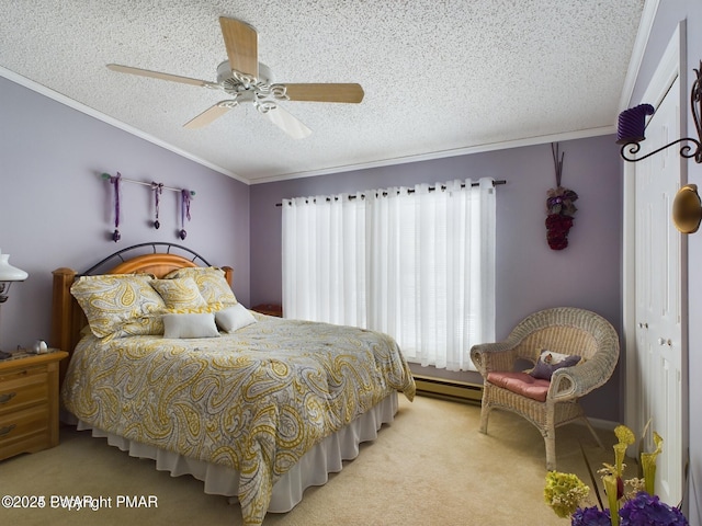 127 Maxatawny Dr, Pocono Lake, PA 18347 - bedroom featuring a textured ceiling, crown molding, light carpet, a ceiling fan, and a baseboard radiator