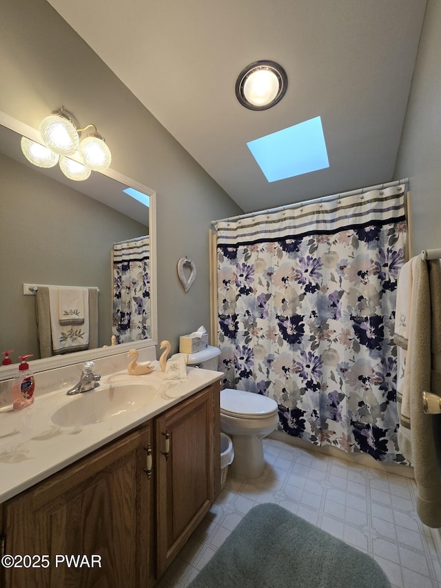 127 Maxatawny Dr, Pocono Lake, PA 18347 - full bathroom featuring a skylight, lofted ceiling, vanity, and a shower with curtain