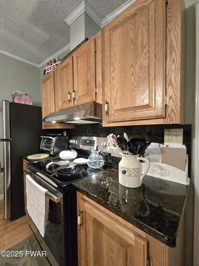 127 Maxatawny Dr, Pocono Lake, PA 18347 - kitchen with electric range, under cabinet range hood, crown molding, a textured ceiling, and brown cabinets