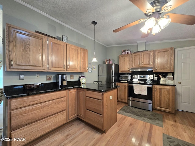 127 Maxatawny Dr, Pocono Lake, PA 18347 - kitchen featuring stainless steel appliances, under cabinet range hood, a peninsula, light wood-style floors, and ceiling fan