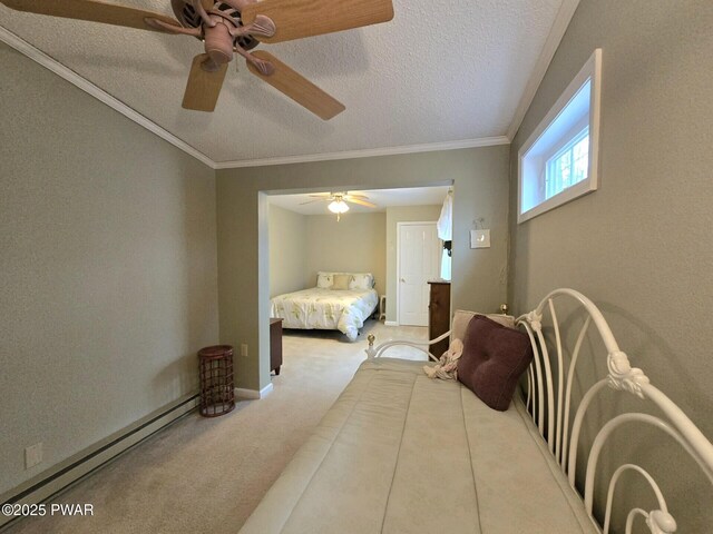 127 Maxatawny Dr, Pocono Lake, PA 18347 - bedroom featuring carpet, a baseboard radiator, ceiling fan, a textured ceiling, and ornamental molding