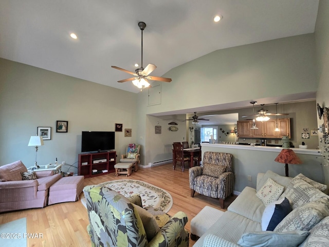 127 Maxatawny Dr, Pocono Lake, PA 18347 - living room featuring a ceiling fan, high vaulted ceiling, light wood-type flooring, baseboard heating, and recessed lighting