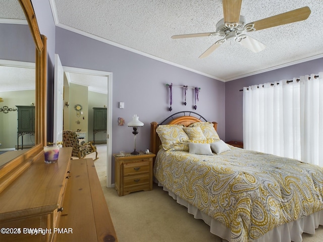 127 Maxatawny Dr, Pocono Lake, PA 18347 - bedroom featuring a textured ceiling, light colored carpet, ornamental molding, and ceiling fan