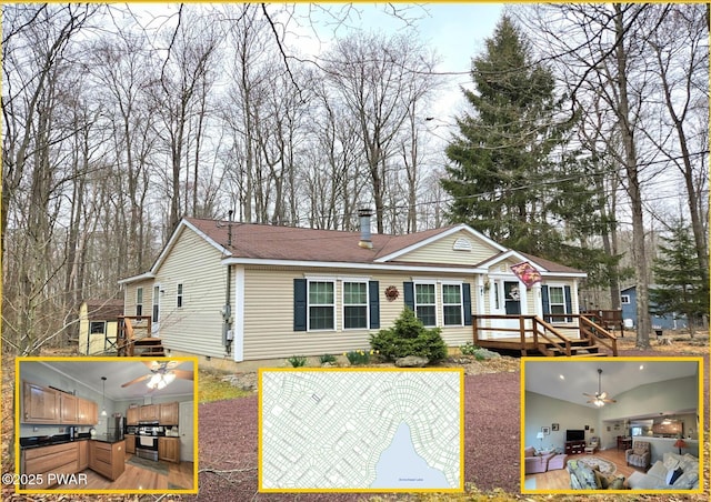 127 Maxatawny Dr, Pocono Lake, PA 18347 - view of front of home with a wooden deck, ceiling fan, a chimney, crawl space, and a patio area
