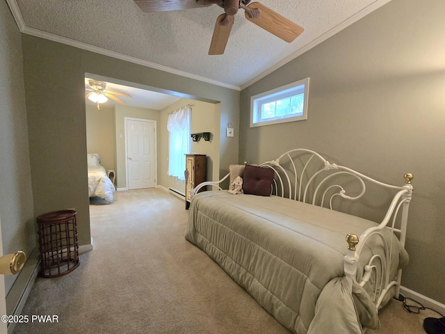 127 Maxatawny Dr, Pocono Lake, PA 18347 - carpeted bedroom with lofted ceiling, a textured ceiling, crown molding, and ceiling fan