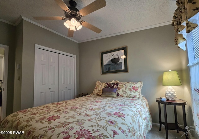 127 Maxatawny Dr, Pocono Lake, PA 18347 - carpeted bedroom with a closet, crown molding, ceiling fan, and a textured ceiling