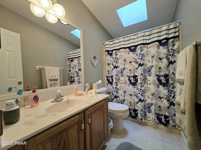 127 Maxatawny Dr, Pocono Lake, PA 18347 - full bathroom with lofted ceiling, a skylight, vanity, and a shower with shower curtain