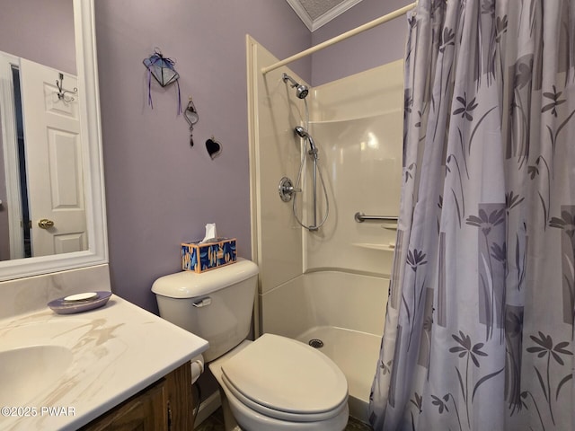 127 Maxatawny Dr, Pocono Lake, PA 18347 - bathroom featuring vanity, curtained shower, and ornamental molding