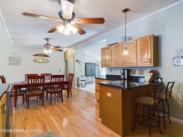 127 Maxatawny Dr, Pocono Lake, PA 18347 - kitchen with a textured ceiling, a breakfast bar area, a peninsula, light wood finished floors, and a ceiling fan