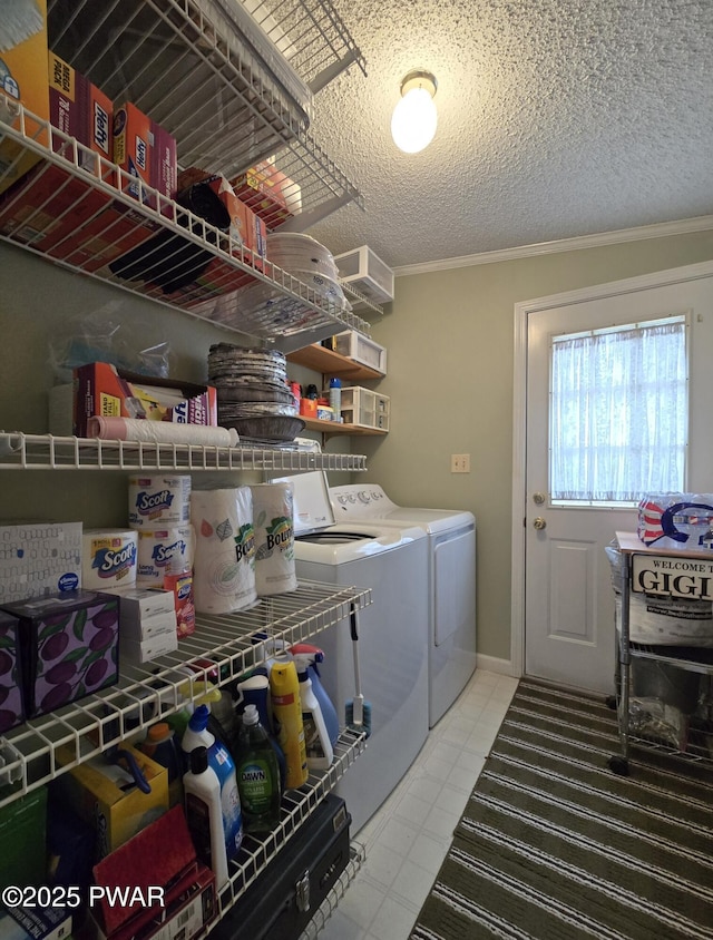 127 Maxatawny Dr, Pocono Lake, PA 18347 - laundry room with separate washer and dryer, crown molding, and light tile patterned floors