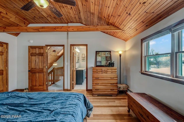 bedroom featuring lofted ceiling, light wood-type flooring, and wood ceiling