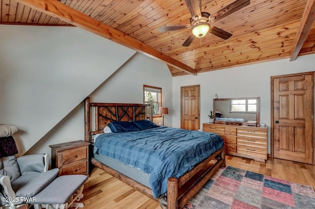bedroom with light wood-style flooring, wood ceiling, and a ceiling fan
