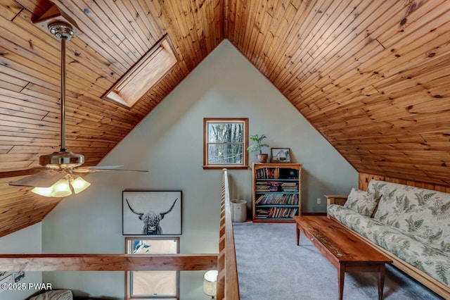 interior space with a skylight, a ceiling fan, wood ceiling, and lofted ceiling