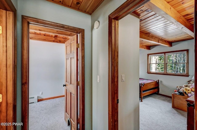 corridor with wood ceiling, carpet floors, a baseboard heating unit, beamed ceiling, and baseboards
