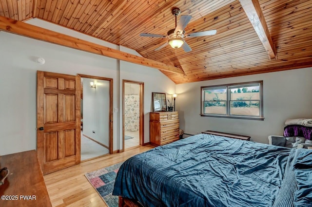 bedroom with lofted ceiling, wood ceiling, wood finished floors, ensuite bathroom, and ceiling fan