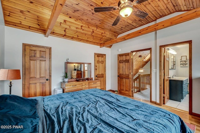 bedroom with lofted ceiling, wooden ceiling, light wood finished floors, a sink, and ensuite bath