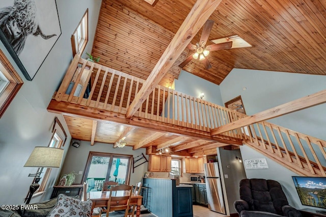 living area featuring high vaulted ceiling, wood ceiling, beam ceiling, stairway, and a ceiling fan