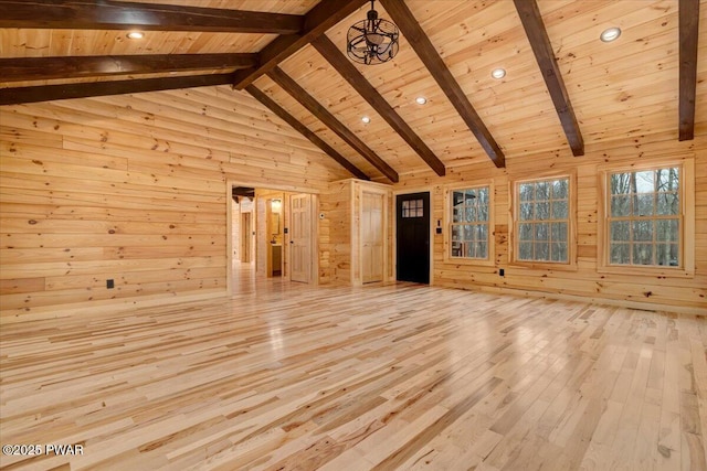 unfurnished living room featuring beam ceiling, wooden ceiling, high vaulted ceiling, wood walls, and light wood-type flooring