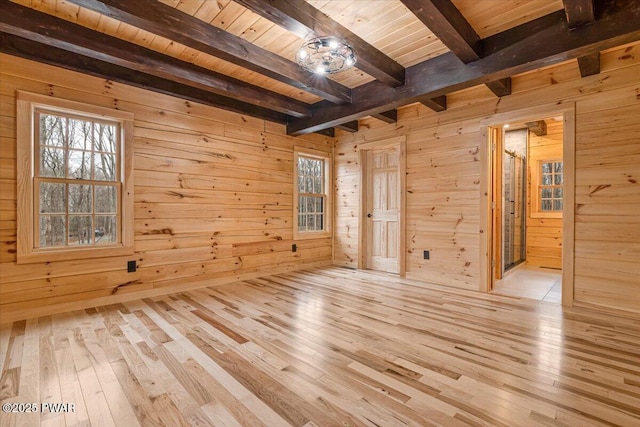 empty room with light hardwood / wood-style floors, wood walls, wooden ceiling, and beam ceiling