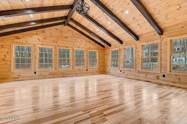 unfurnished sunroom with lofted ceiling with beams and wood ceiling