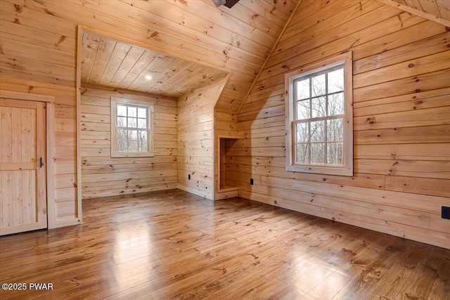 additional living space featuring wood ceiling and wood walls