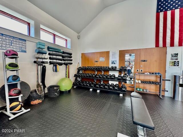 gym featuring high vaulted ceiling