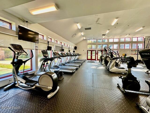 workout area featuring ceiling fan and lofted ceiling