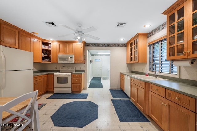 121 Island View Dr, Lake Ariel, PA 18436 - kitchen featuring white appliances, a sink, light floors, open shelves, and ceiling fan
