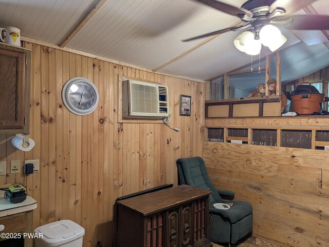 150 Shohola Pkwy N, Shohola, PA 18458 - bathroom with ceiling fan, a wall mounted air conditioner, wooden walls, and vaulted ceiling