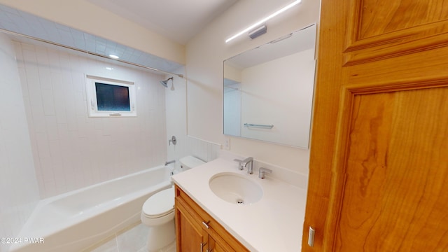 full bathroom with tile patterned flooring, vanity, tiled shower / bath combo, and toilet