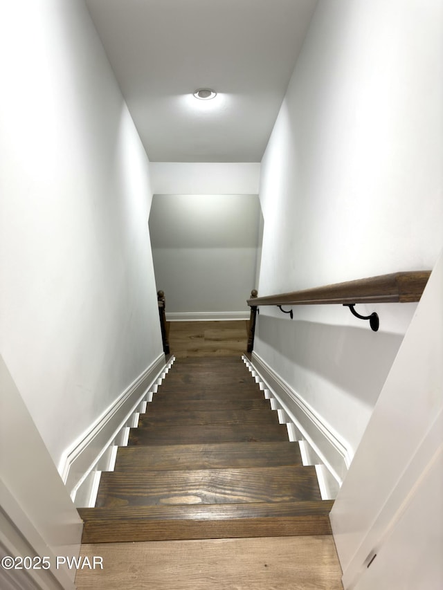 staircase with hardwood / wood-style flooring