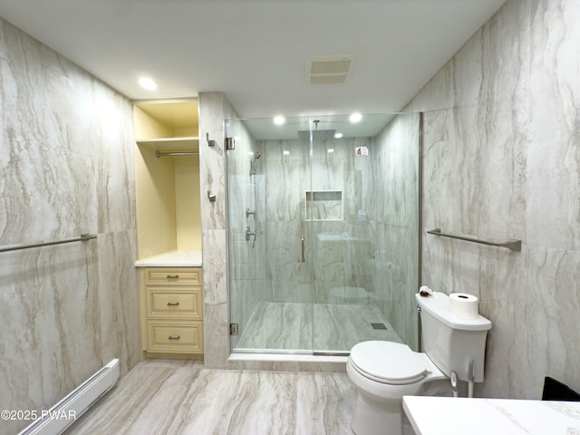 bathroom with a baseboard radiator, tile walls, toilet, and an enclosed shower