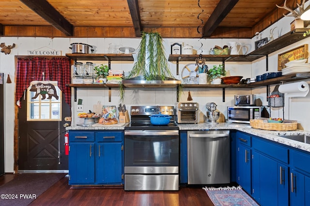 kitchen with beamed ceiling, stainless steel appliances, blue cabinets, and wood ceiling