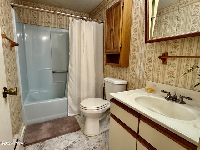 full bathroom featuring vanity, toilet, and shower / bathtub combination with curtain