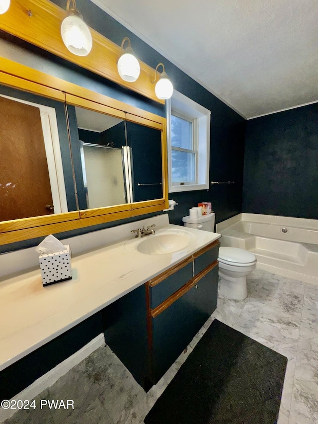 full bathroom with plus walk in shower, vanity, and toilet