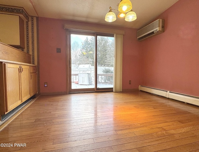 unfurnished dining area featuring baseboard heating, light hardwood / wood-style floors, an inviting chandelier, and a wall mounted AC