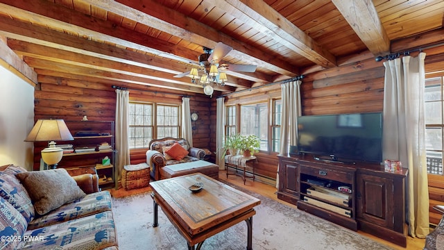 living room with light hardwood / wood-style flooring, a baseboard heating unit, wood ceiling, and a wealth of natural light