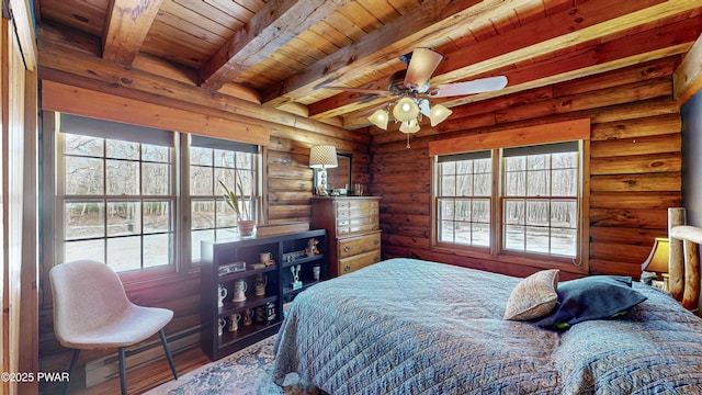 bedroom featuring a baseboard radiator, wood-type flooring, rustic walls, wooden ceiling, and beam ceiling