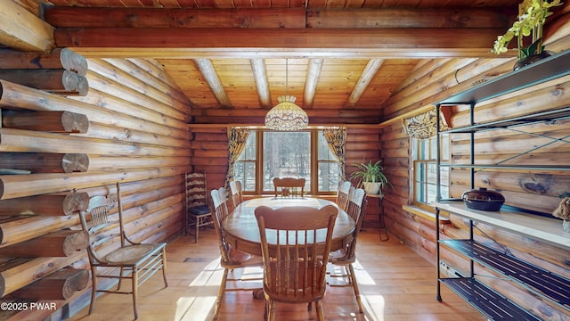 dining area featuring wood ceiling, log walls, light hardwood / wood-style floors, and vaulted ceiling