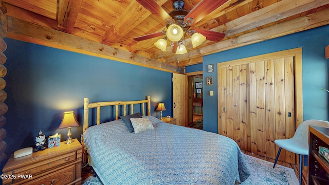 bedroom with wood ceiling and beamed ceiling