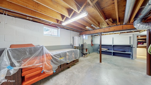 basement with tankless water heater