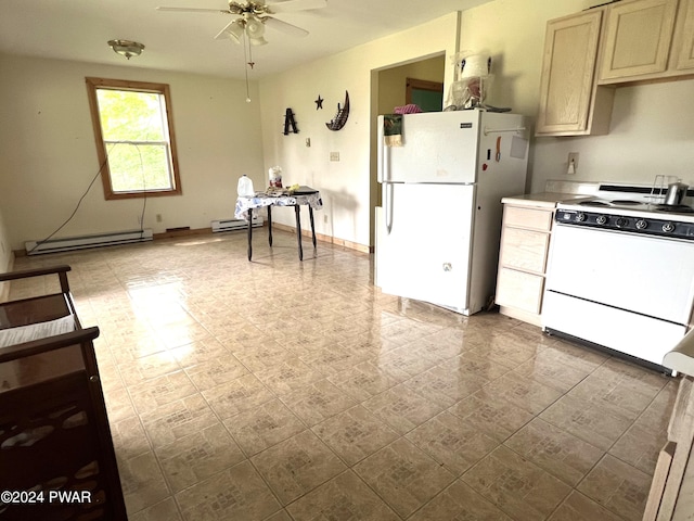 kitchen with ceiling fan, white appliances, and baseboard heating