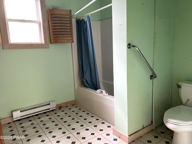 bathroom with toilet, baseboard heating, and shower / tub combo