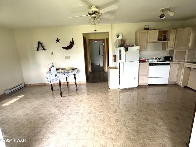 kitchen featuring ceiling fan, white fridge, range, and baseboard heating