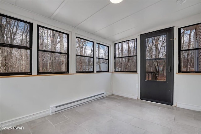 unfurnished sunroom with lofted ceiling and baseboard heating