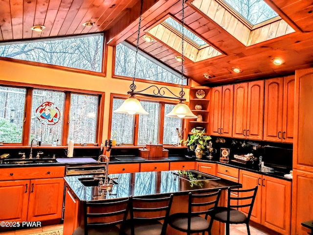 130 Willow Dr, Lords Valley, PA 18428 - kitchen with a sink, open shelves, a skylight, and wooden ceiling