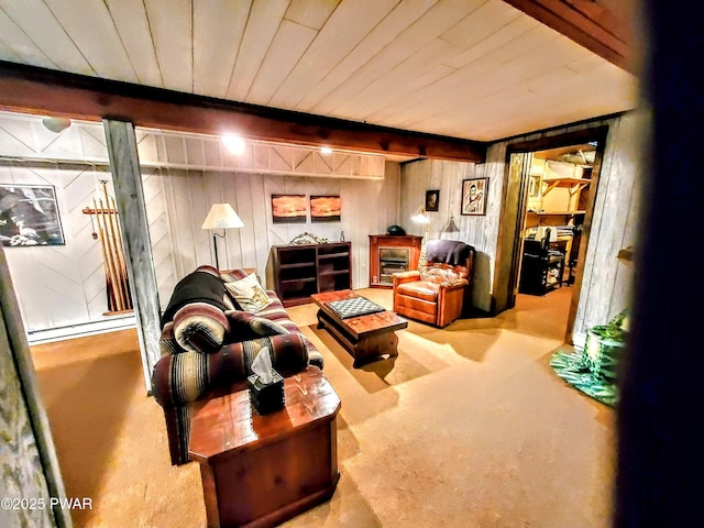 130 Willow Dr, Lords Valley, PA 18428 - carpeted living area featuring wooden walls and baseboard heating